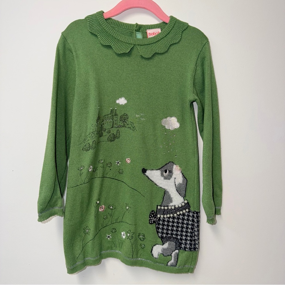 Boboli Girls Size 4 Green Knitwear Dress Long Sleeve Ruffled Collar